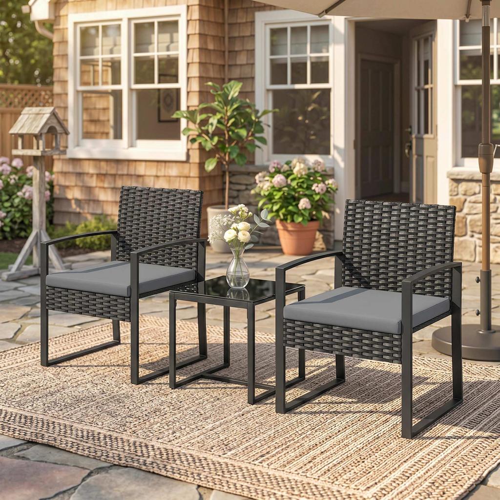 Synthetic Rattan Garden Furniture Set With 2 Chairs With Removable Cushions And Table With Gray Glass Top