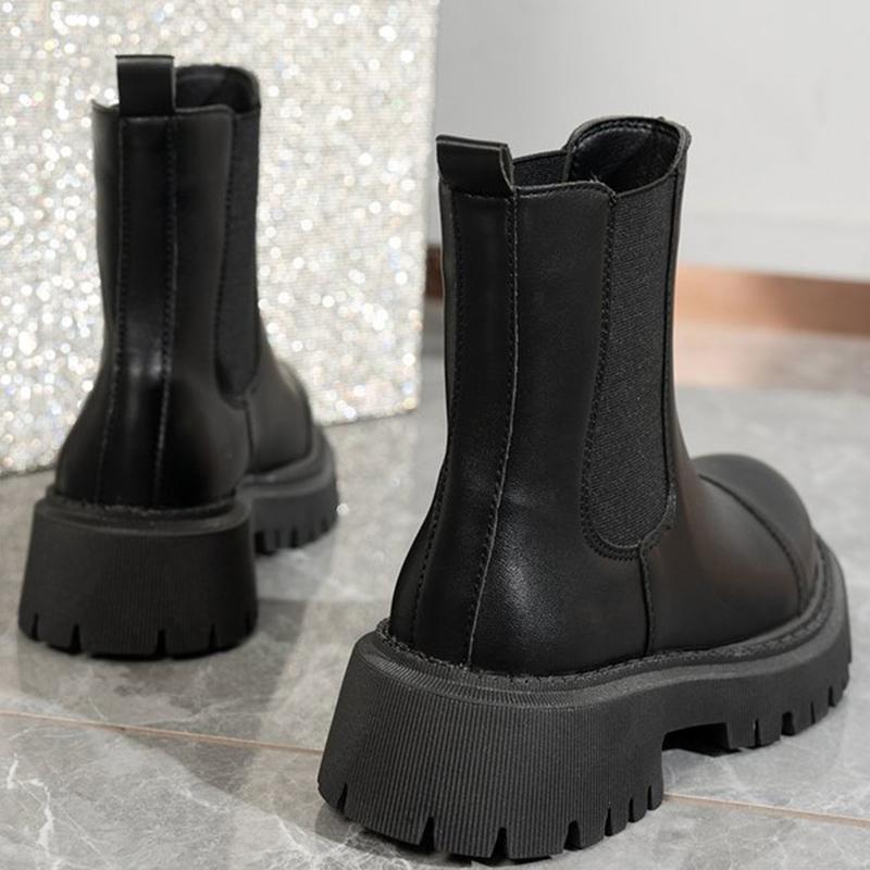 Fashion British Black Round Toe Ankle Boots for Women Autumn Winter Fashion Pu Leather Boots Woman Non-Slip Thick Platform Shoes Female
