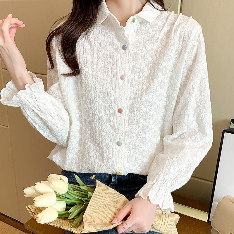 Embroidered White Cotton Lapel Shirt, Women's Long Sleeve Spring 2025 - Sweet, Stylish Design