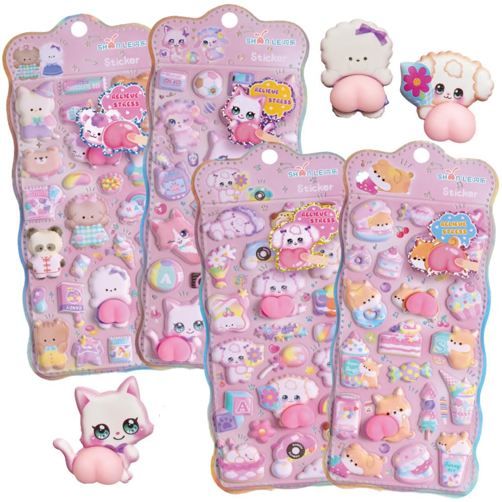 Squishy Stickers 2 Set 3D Silicone Stickers Cute Animal Designs Decorative For Kids and Adults Squishy Toys - 4-Piece - - - - -