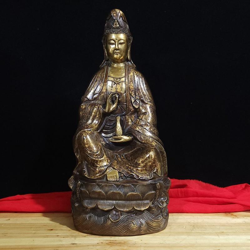 Style Full Color Painted Copper Home Decor Craft Ornament South Sea Lotus Guanyin Buddha Statue Decoration