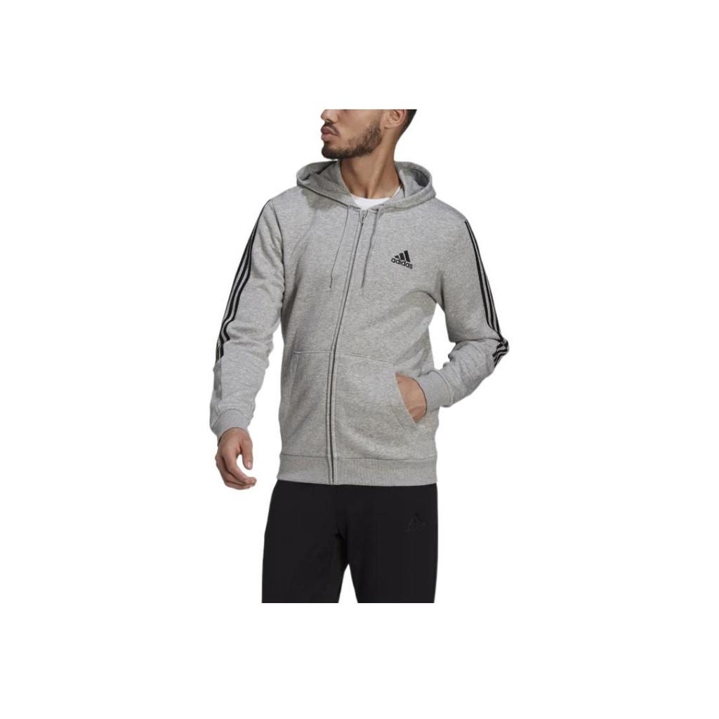 Adidas Essentials Logo Print Drawstring Hooded Sports Jacket Men Outerwear Grey GK9586