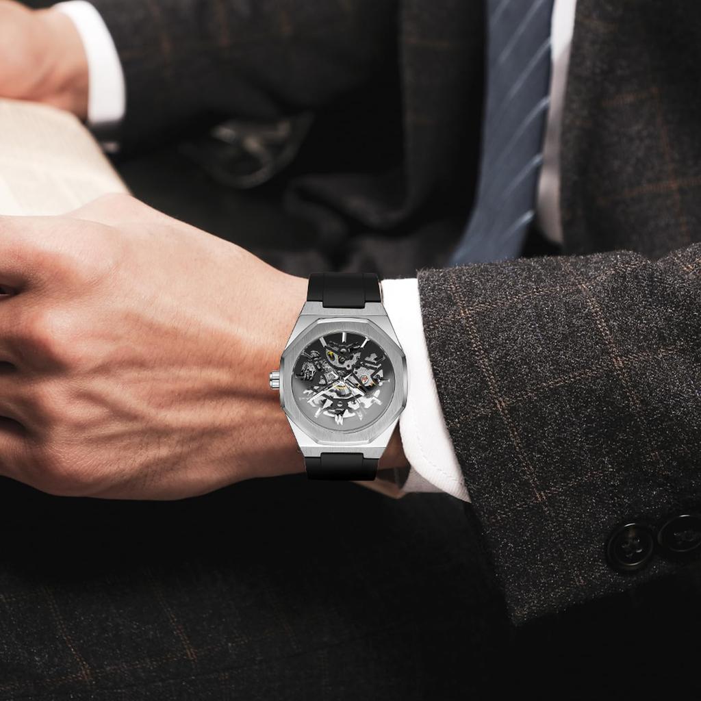 BOLYTE Men's Skeleton Automatic Mechanical Watch with Luminous Hands, Black Silicone Strap, Octagonal Case, Silver-Black, Military Style