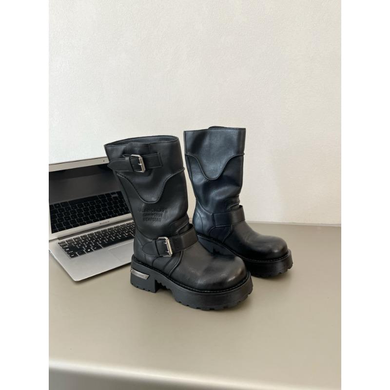 

New retro British Martin boots women s leather fashion platform knight boots strap locomotive boots tooling autumn and winter 35 чёрный