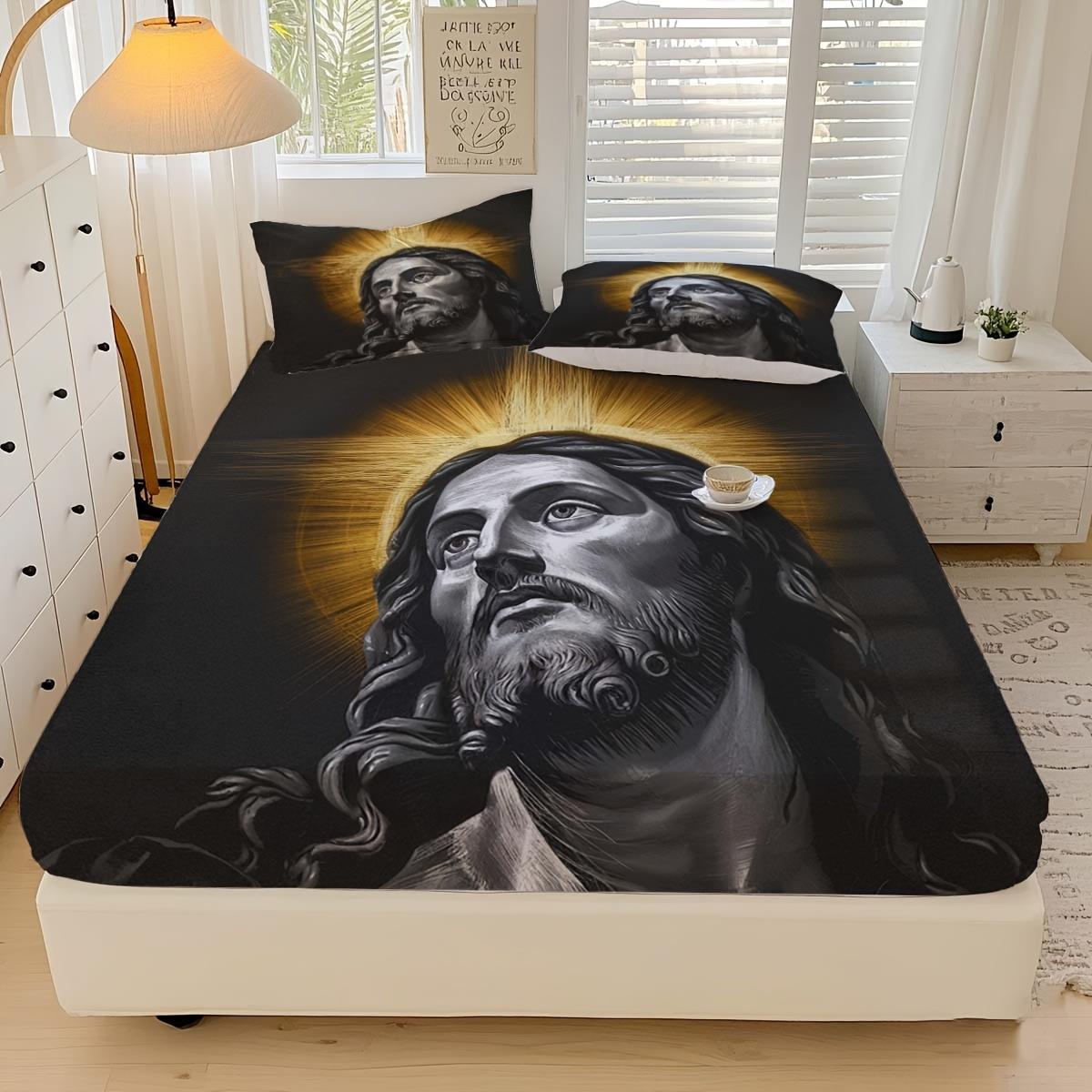 

3pcs Jesus Bedding Set Black Sheets Mattress Protector Breathable And Soft for All Seasons Durable Tear-Resistant Polyester EU Twin(135x200cm)