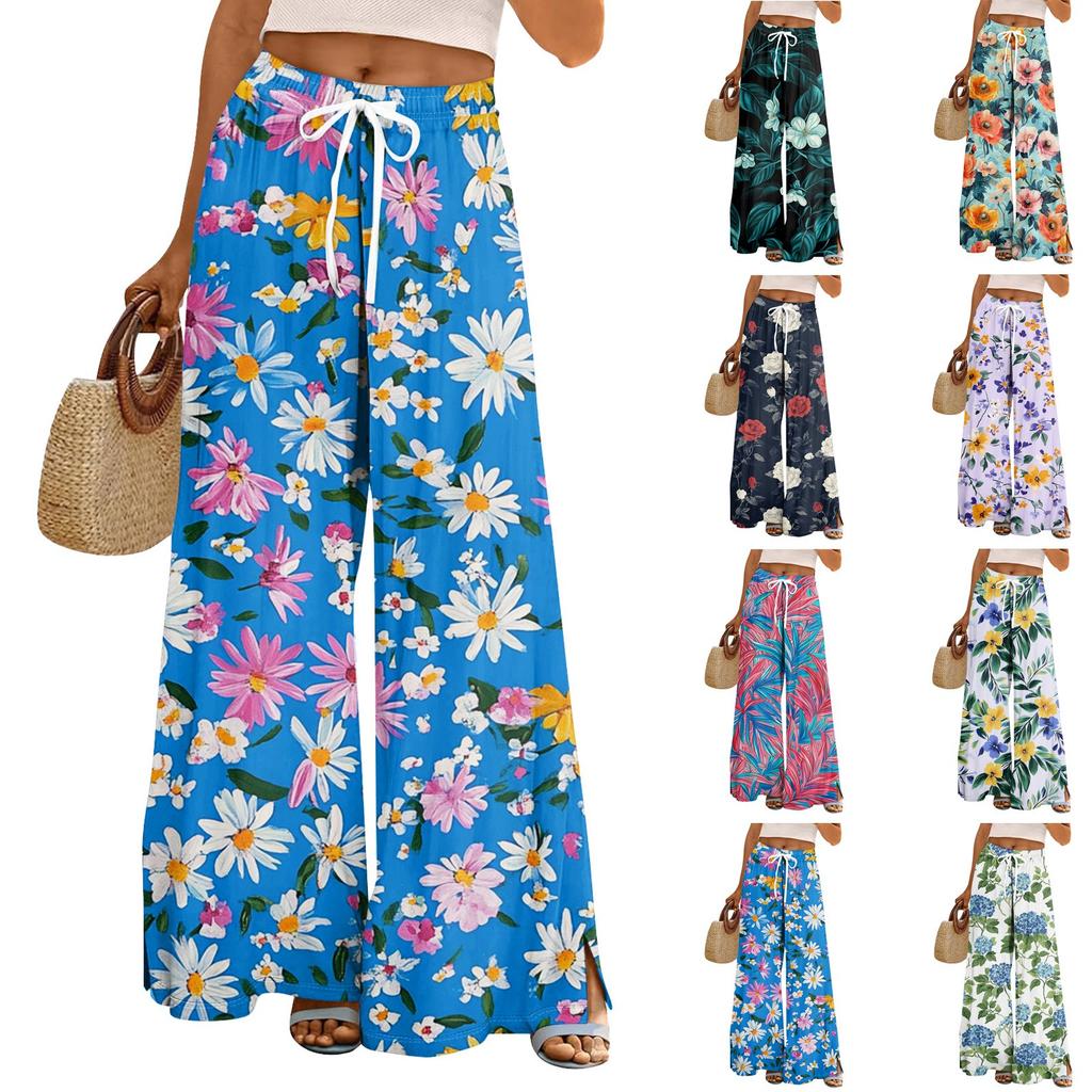 Women's Loose Casual Floral Print Wide Leg Pants With Elastic Waist Drawstring And Pocket Pants