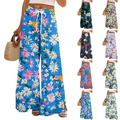 Women's Loose Casual Floral Print Wide Leg Pants With Elastic Waist Drawstring And Pocket Pants