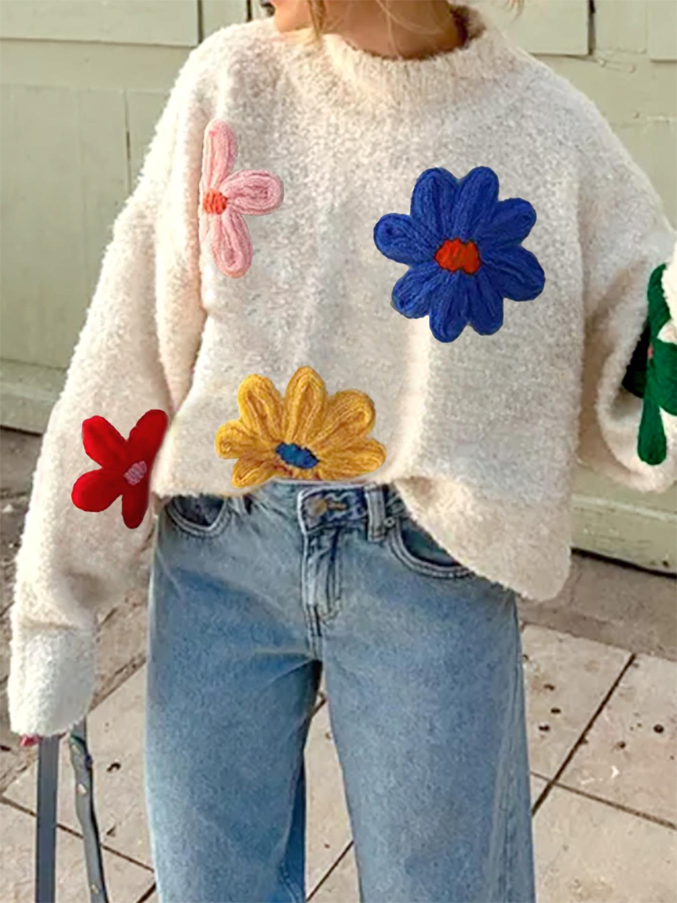 

Европейский и американский цветочный женский свитер с круглым вырезом, толстой вязки, пуловер с длинным рукавом для осени и зимы Small абрикосовый