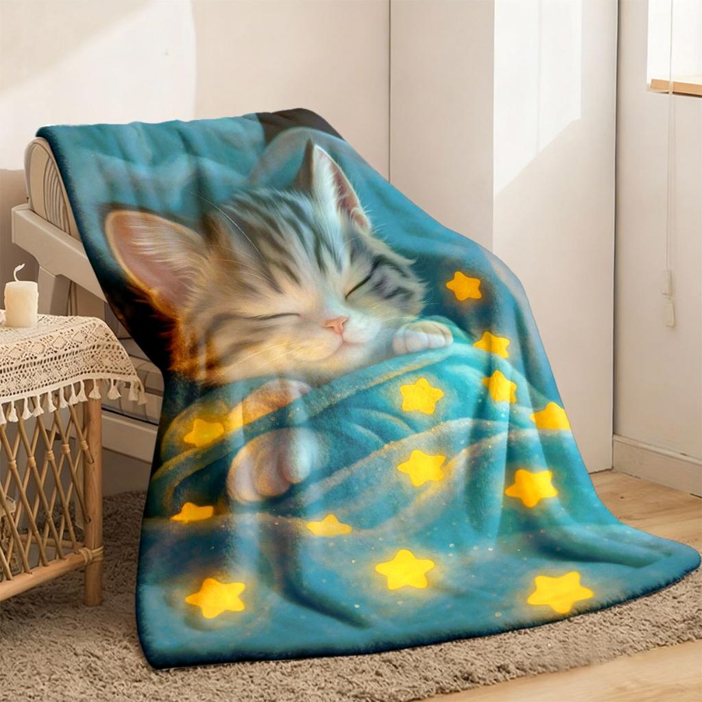 Glowing Night Light Blue Cat Blanket Soft Lightweight Flannel Throw with Sleeping Tabby Cat & Starry Night Design 3D Digital Print