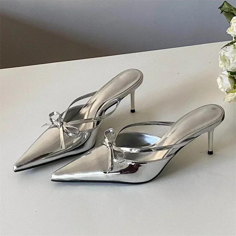 Fashion Elegant Thin High Heel Slide Sandals Women Fashion Butterfly-knot Pointed Toe Women Slippers Sexy Party Dress Shoes Luxury Heels