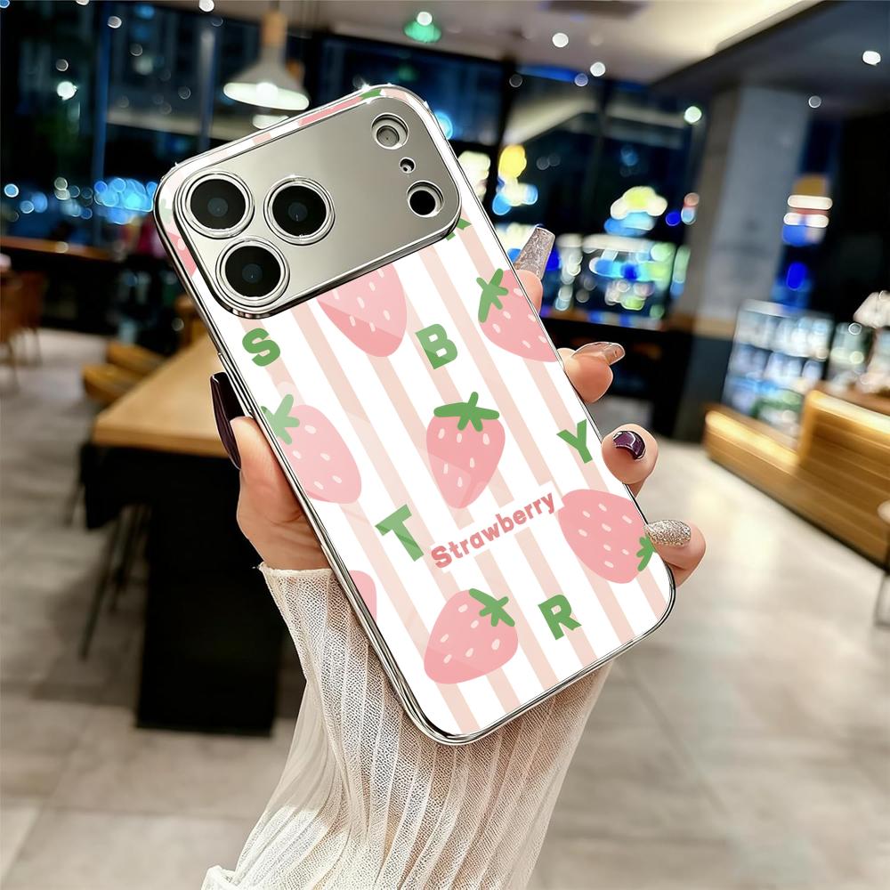 Ins Fruit Fashion Phone Case For iPhone 17 16 15 14 13 12 Pro Max Plus Electroplated Metal Shockproof Bumper Case Glass Back