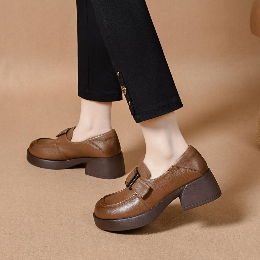 Platform shoes women's spring square buckle thick heel one pedal single shoes first layer cowhide small leather shoes