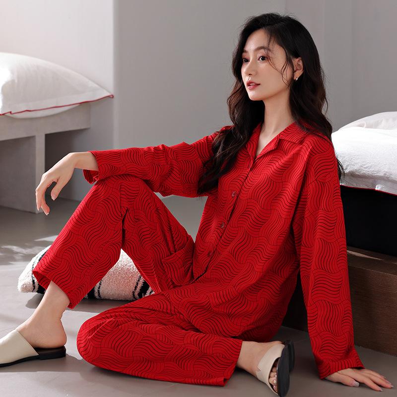 Pajamas Women's Spring and Autumn Pure Cotton Long-sleeved Autumn Red Natal Year New Wedding Festive Autumn and Winter Bride Wedding Loungewear