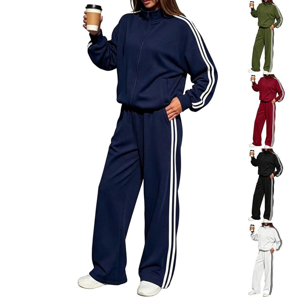Completo casual da donna a due pezzi con pantaloni jogger a gamba larga a righe con cerniera