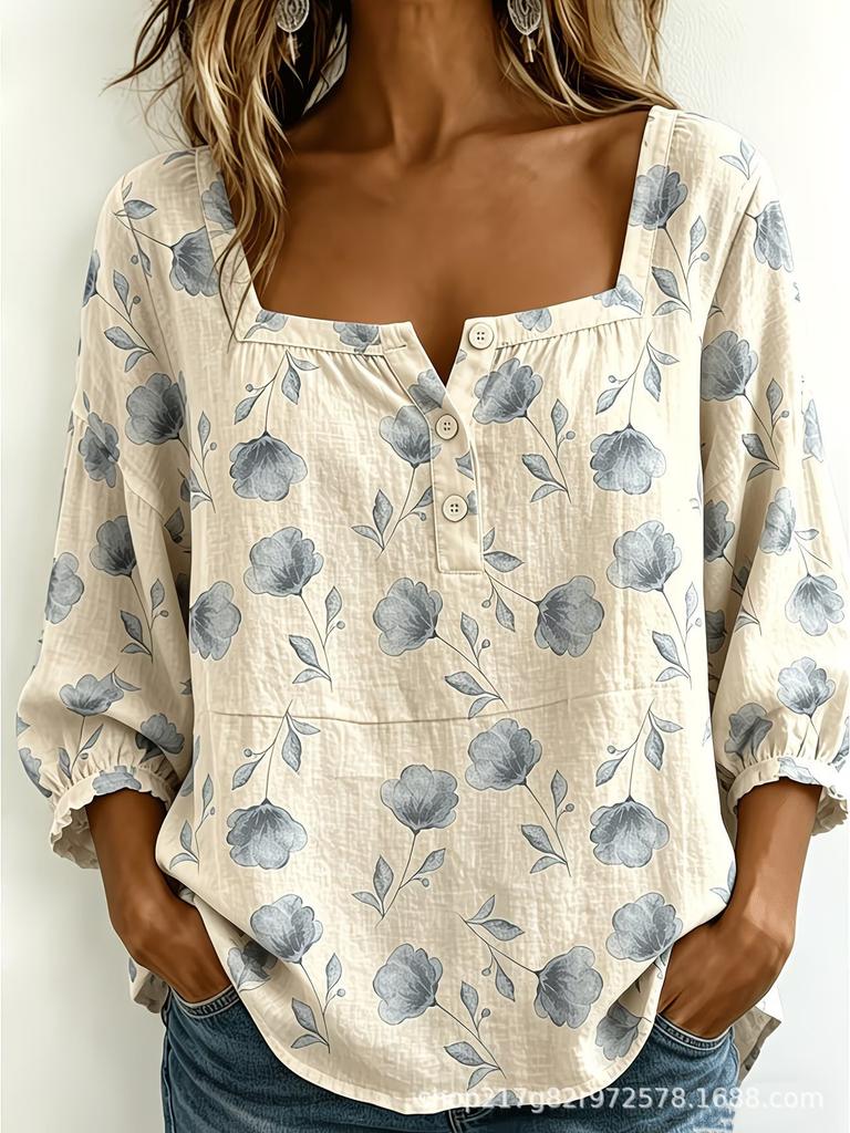 New Xiyin Summer T-Shirt Women's Printed Square Neck Button Bubble Sleeve Women's Top Women's