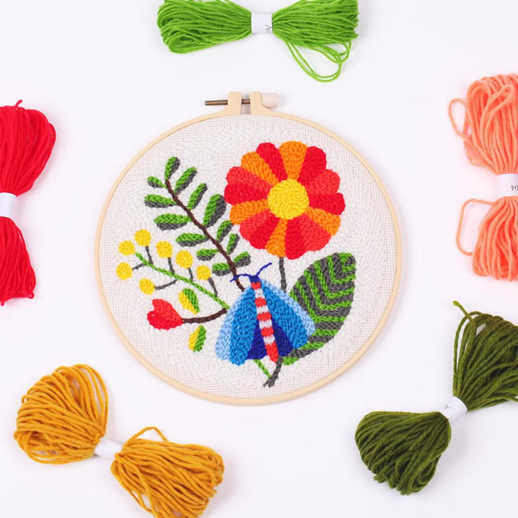 Flower Punching Needle Embroidery Set with Pattern Instruction Hoop Yarn Needle for Adult Beginner Punching Needle Set