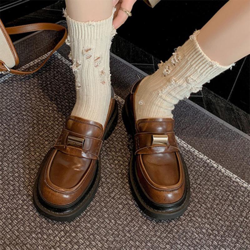 

Women s Retro French Style Chunky Heel Loafers - Black/Brown Round Toe Slip-On Shoes. 38 чорний