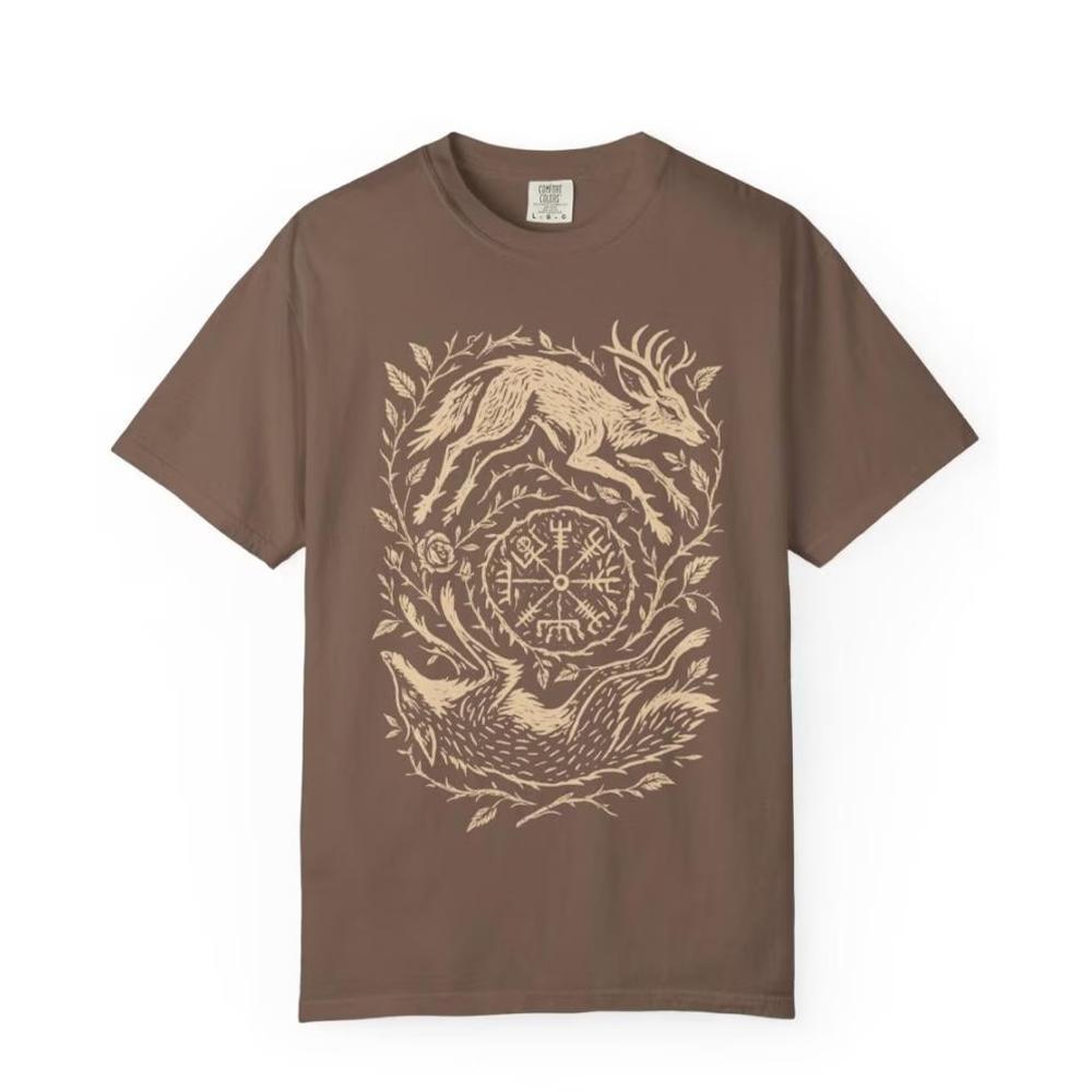 Retro Fox Yin Yang Print Shirt Witchy Forestcore Shirt Mystical Animal Graphic Dark Academia Unisex Y2K Casual Top Streetwear