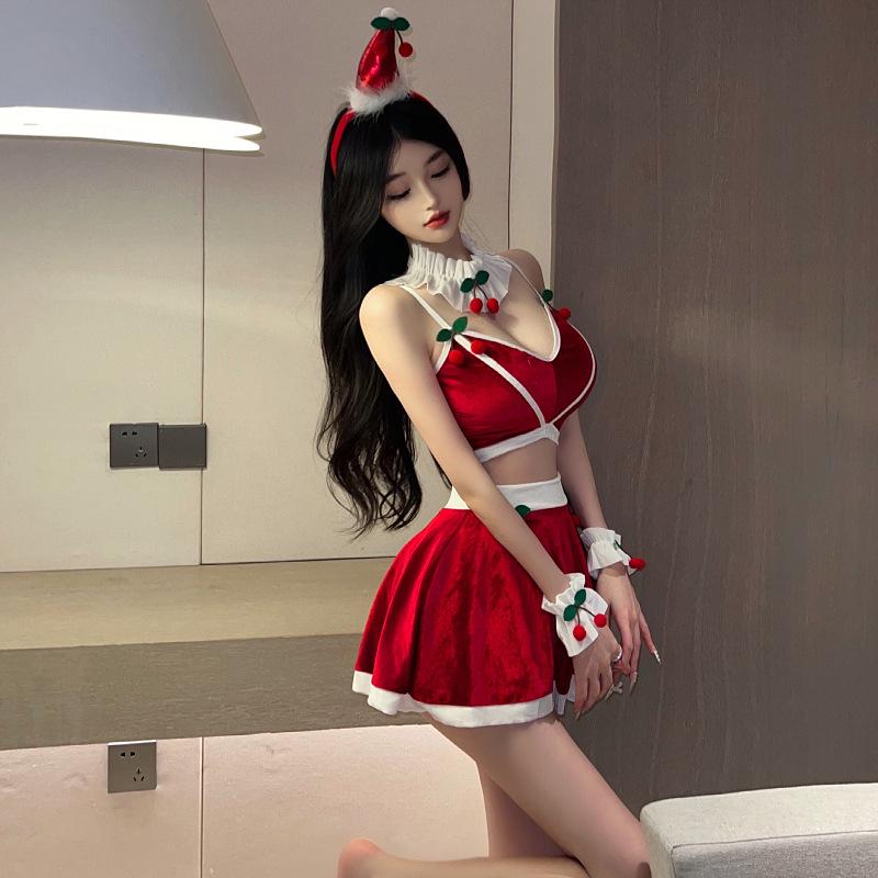 Sexy Christmas Cherry Lingerie Set: Deep V Top & Hip-Hugging Skirt
