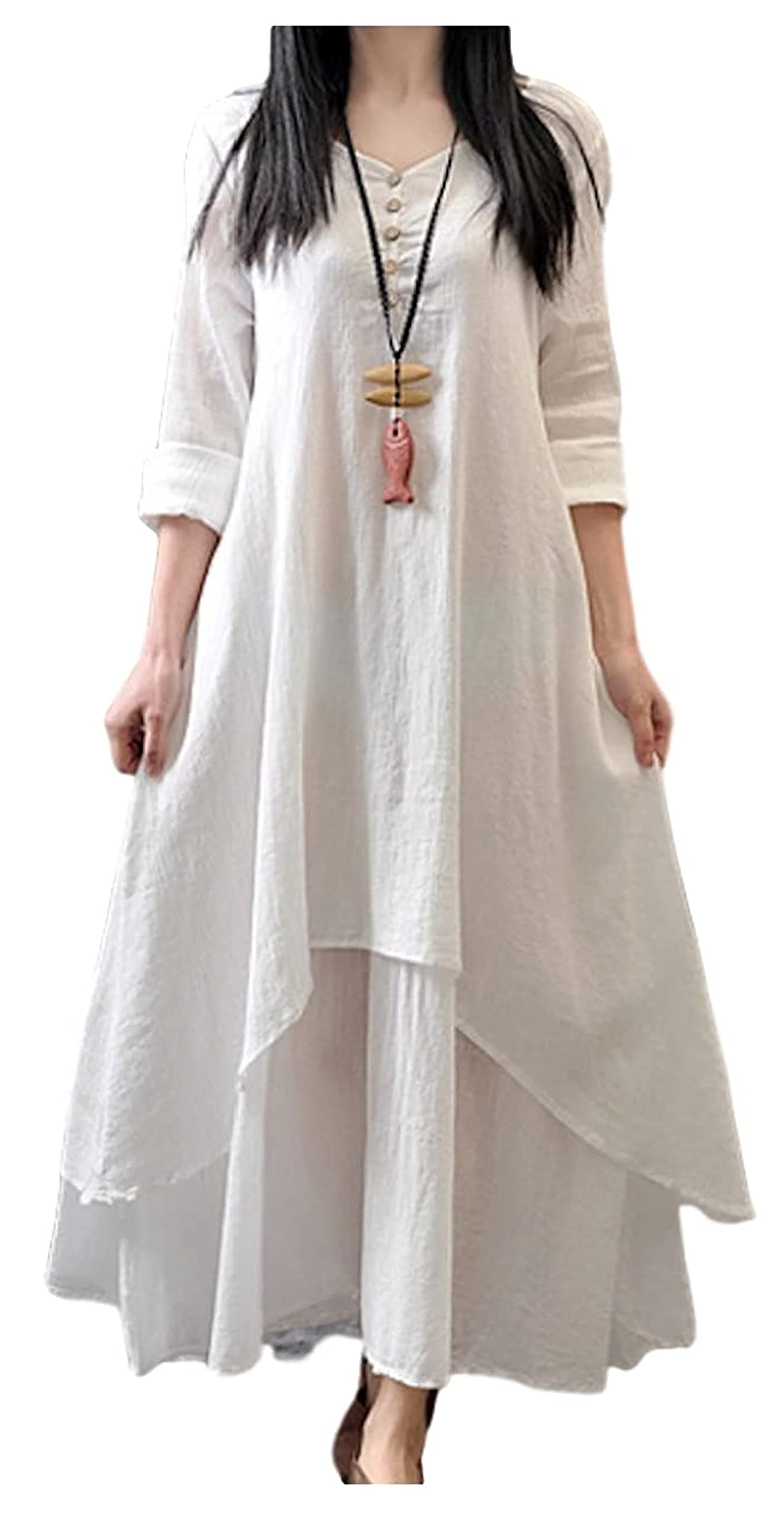 

JINJUDUO Длинное платье макси свободного кроя с многослойной юбкой, весна/лето, стройнящее, размер, посадка, вид, А-силуэт, длина, рукава, похожая на лен ткань, белый