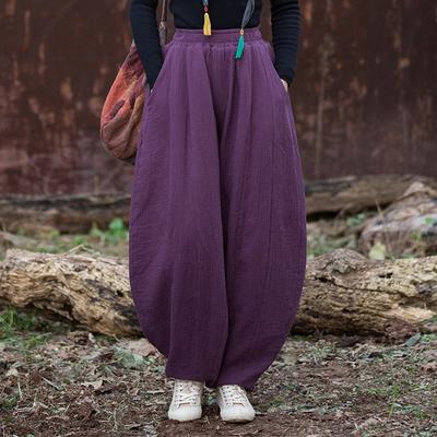 Pantaloni Invernali Vintage da Donna Caldi Tinta Unita Pantaloni con Vita Elastica Ampi Tasche Pantaloni da Donna