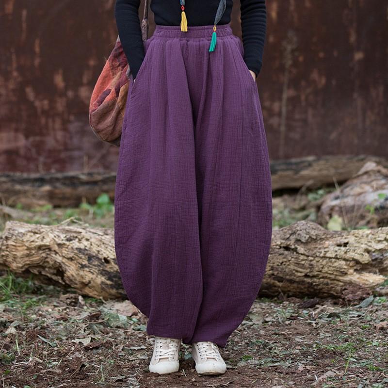 Johnature Women Vintage Winter Pants Warm Solid Color Elastic Waist Trousers Loose Pockets Female Pants