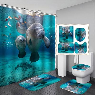 4 ST Havsdelfin Djuphav Vattentät Duschdraperi Badrum Toalettsitsöverdrag Matta Hemrum Mattor Mattor Badmatta