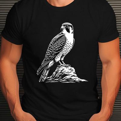 Herren Freizeit-T-Shirt mit kurzen Ärmeln - Detaillierter Falke-Illustrationsdruck Königsblau Geometrisches Design T-Shirt für Erwachsene Herrenbekleidung