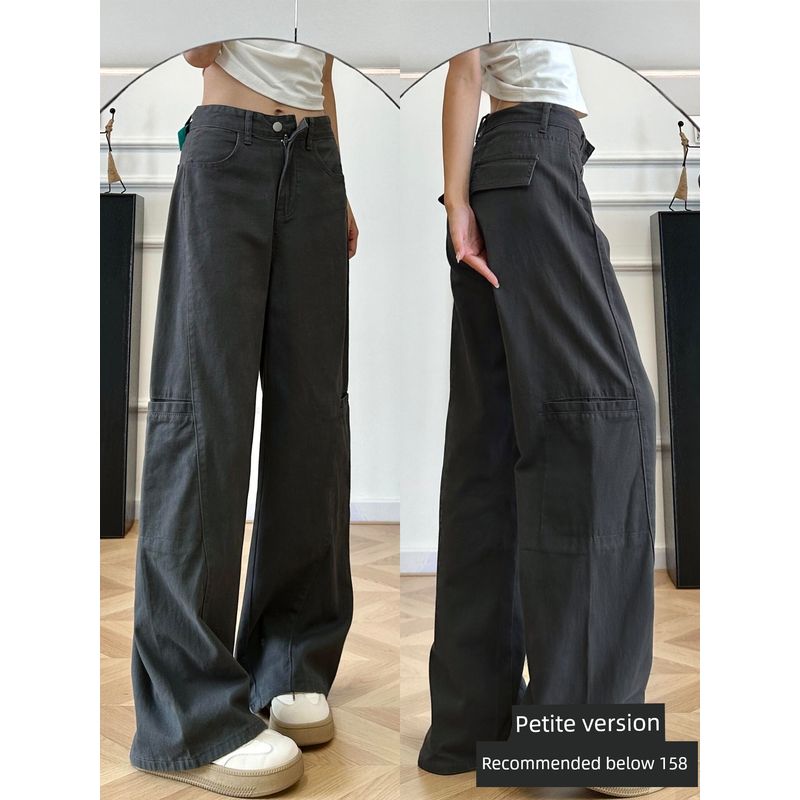 

Gray Wide-Leg Cargo Pants for Women, New Spring Style for Plus-Size Girls, Pear-Shaped Body, High-Waisted, Loose Fit, Slimming Casual Pants Gray, Petite Size S