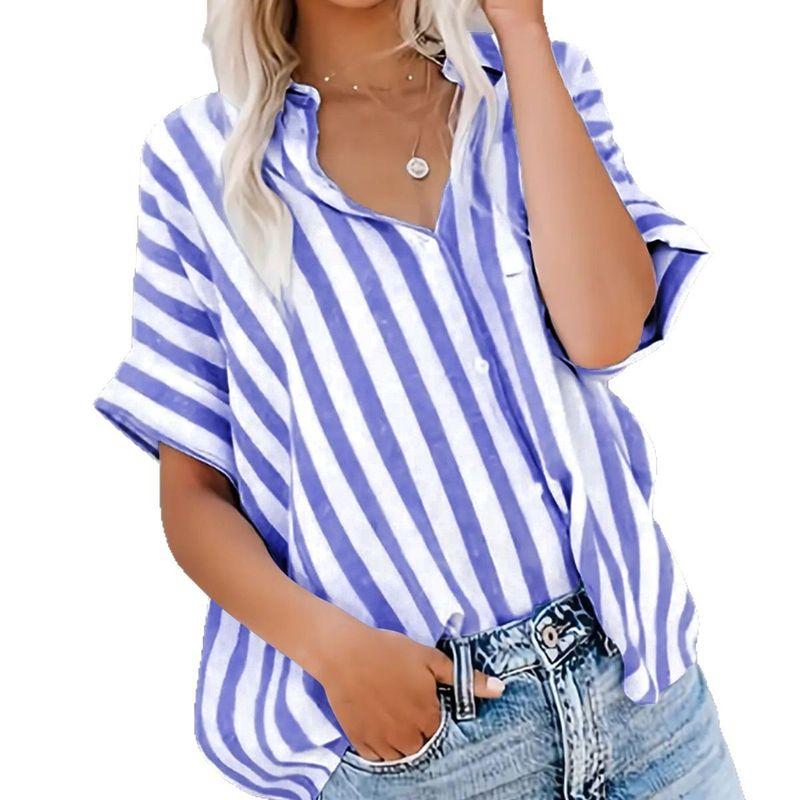 European and American Foreign Trade Women clothes Spring Summer Leisure Commute Print Stripe Contrast Color Short sleeve Cardigan Shirts Women's Top