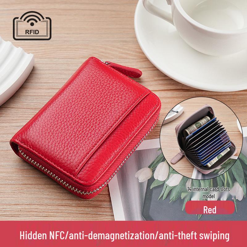 Women's Genuine Leather Zipper Card Holder - Anti-Demagnetization Multi-Slot Accordion Style