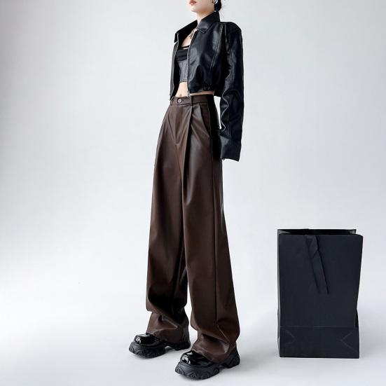 Women Spring Pants High Waist Wide-Leg Imitation Leather Trousers with Pockets Solid Color Straight Wide Leg Pants