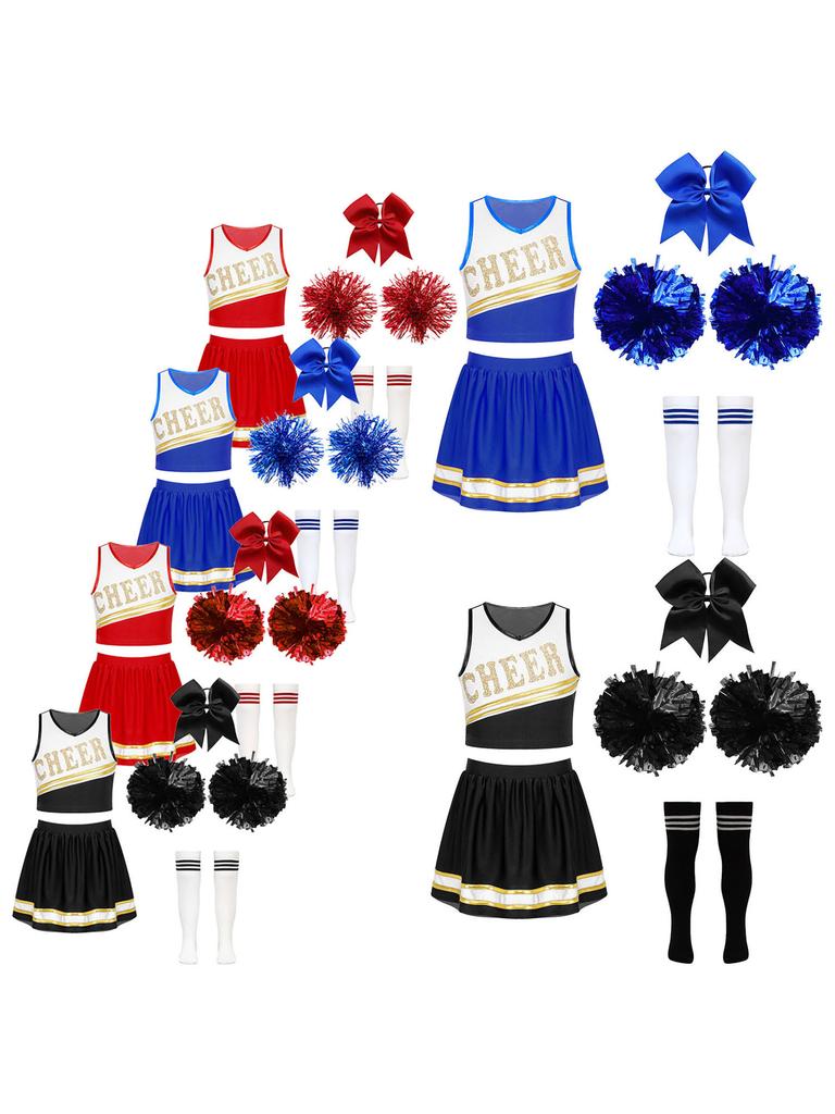 Girls Cheerleading Outfit Sleeveless V Neck Crop Top and Elastic Waist Skirt Set with Bowknot 2Pcs Hand Flowers