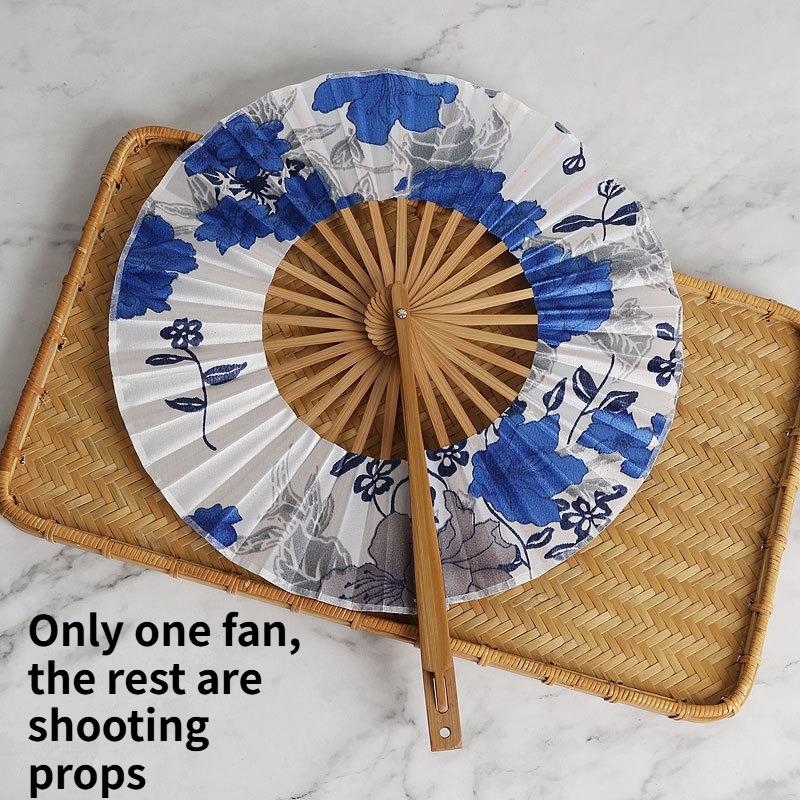 Japanese Style Folding Fan Bamboo Round Windmill Fan Portable Hand Fan for Cosplay Anime Daily Use and Outdoor Carrying