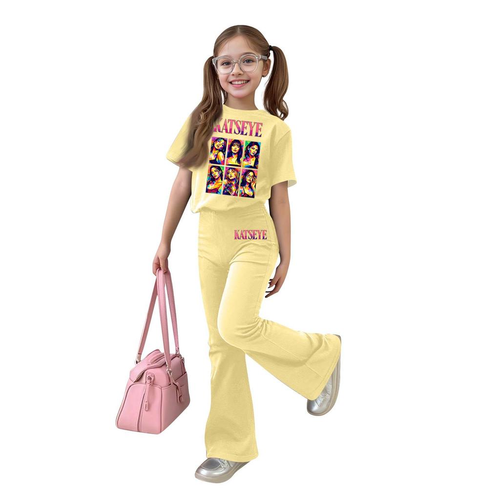 Kids Girls Casual Short Sleeve Printed Outfit Set for Play and Daily Wear