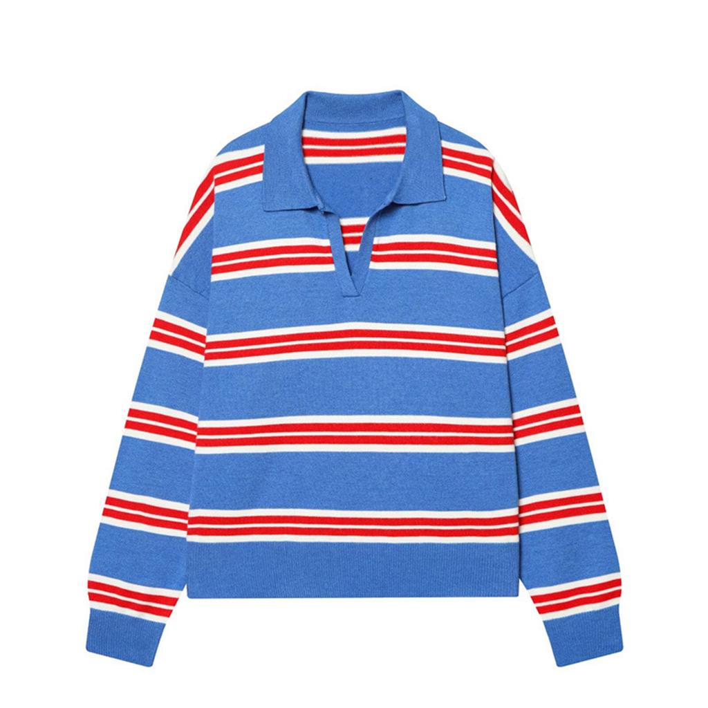 Women's Striped Knit Sweater with Collar for Casual Everyday