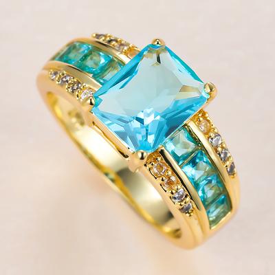Fashion Exquisite Rectangle Cut Aqua Blue Stone CZ Ring Yellow Gold Color Engagement Princess Love Ring Wedding Band Ring Valentine's Day Gift