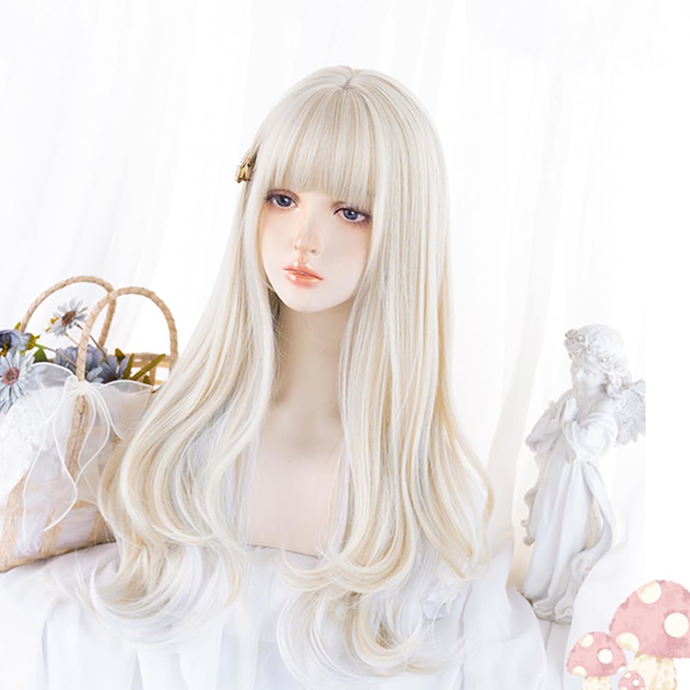 RyuuCos Lolita Langes Lockiges Haar mit Geraden Weißen und mit Weißem und Goldenem Akzent Hitze Perfekt für und Schule und Kulturelle Perücke, Pony, Gold, Farbe,