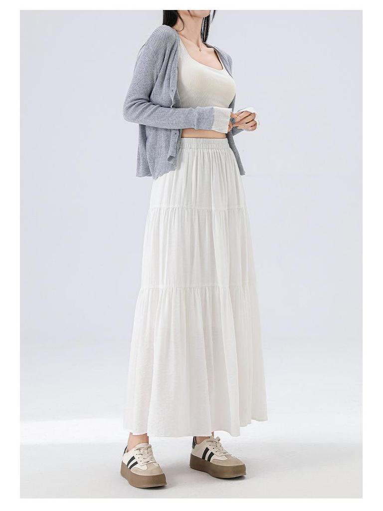 Summer 2025 Pink A-line Midi Skirt with Elastic Waist: Loose Fit, Slimming Design for Casual Wear.