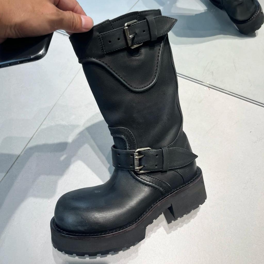 Paris big head retro thick-soled medium tube Martin boots women's versatile belt buckle western boots slimming inner heightening locomotive boots