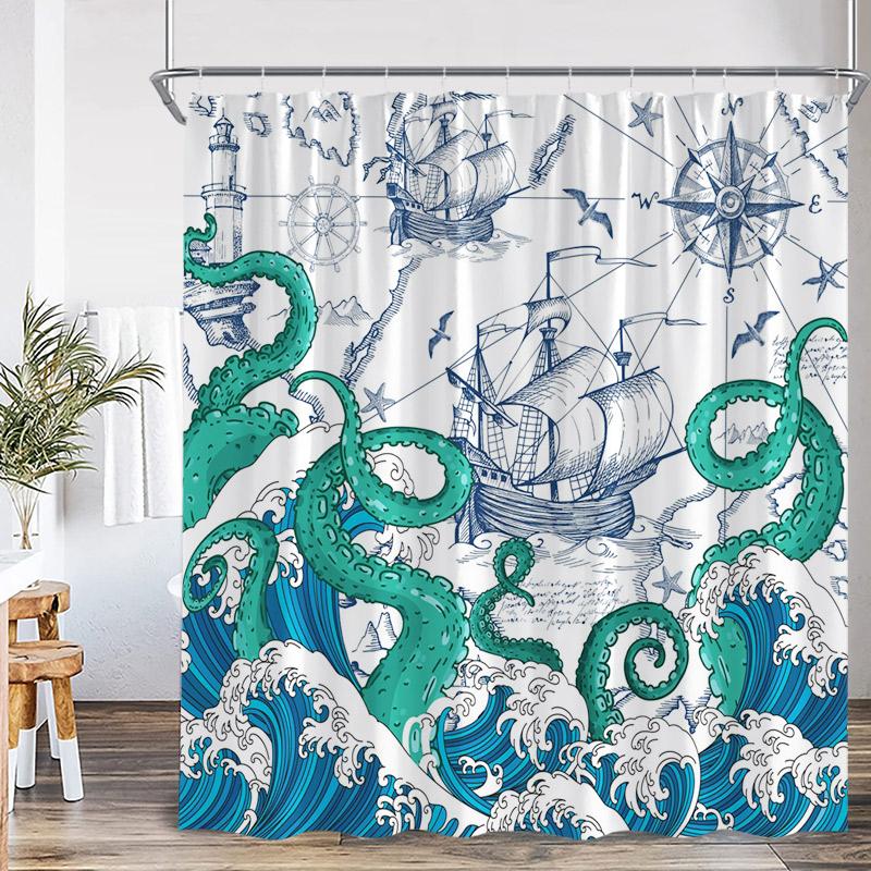 Ocean Red Octopus Shower Curtain Sea Wave Sailboat Lighthouse Nautical Bath Curtains Polyester Fabric Bathroom Decor with Hooks