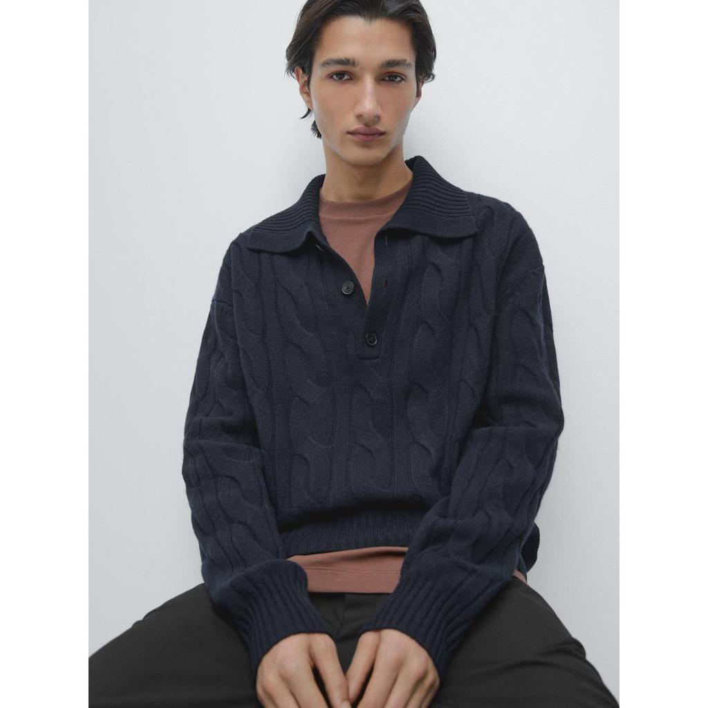 Masimodutti Wool Braided Knit Polo Sweater