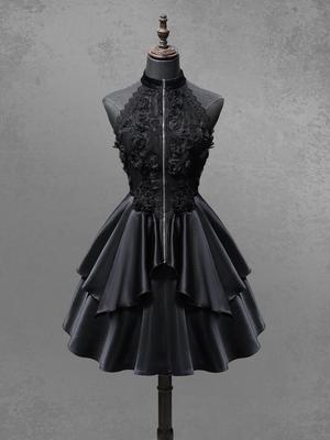 Rosegal Gothic Rose Flower Applique Jacquard Lace Zipper Ruffles Layered A Line Dress