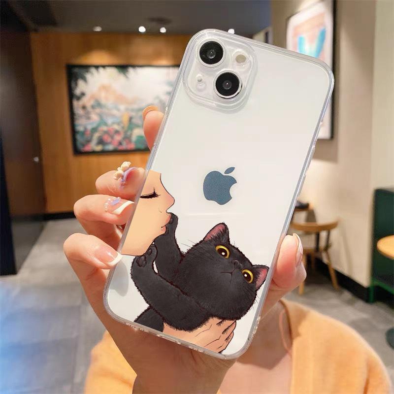 Kiss Cat Cute Kitten Cartoon Luxury Transparent Phone Case For iPhone 15 14 13 12 mini 11 Pro Max XS X XR SE 7 8 Plus Cover
