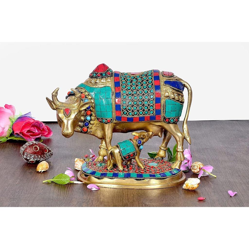 Beautiful Lucky Kamdhenu Cow with Calf Brass Sculpture Home Décor, Height :7 Inch