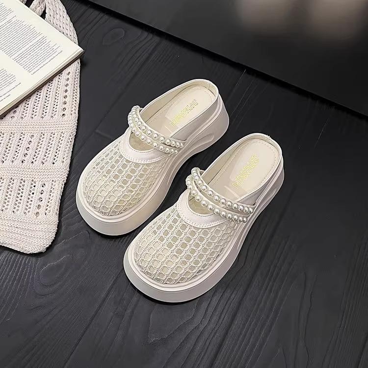2025 New Thick-soled Heightening Pearl Super Fire One-pedal Bag Head Half Slippers Women's Summer Outer Wear Hollow Cool Slippers
