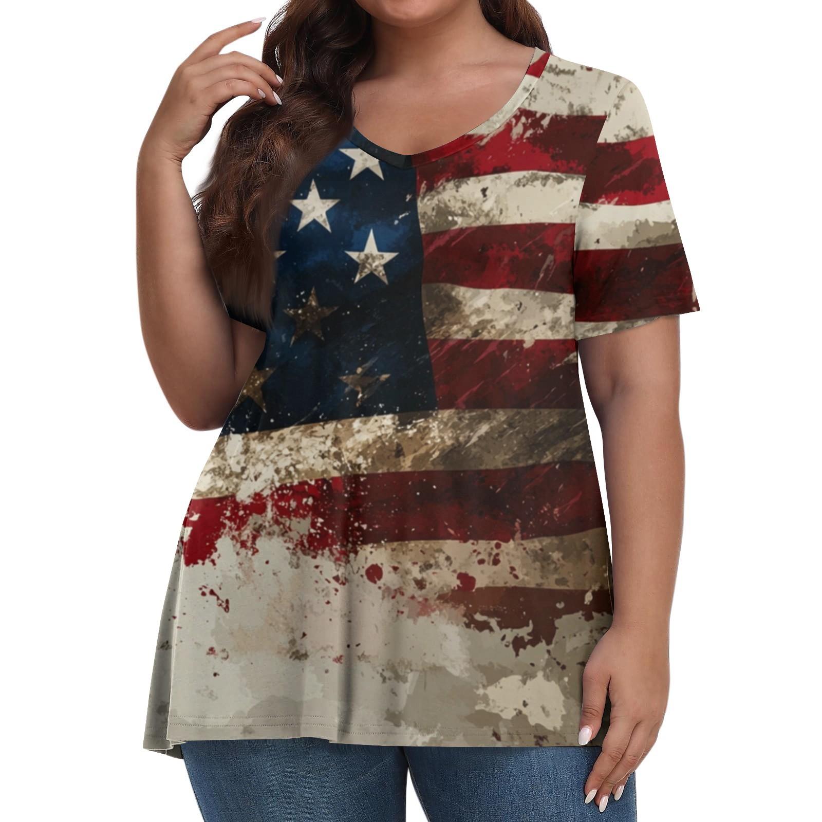 

Женская мода повседневная футболка с V-образным вырезом и коротким рукавом большого размера с принтом «День независимости» XL винный