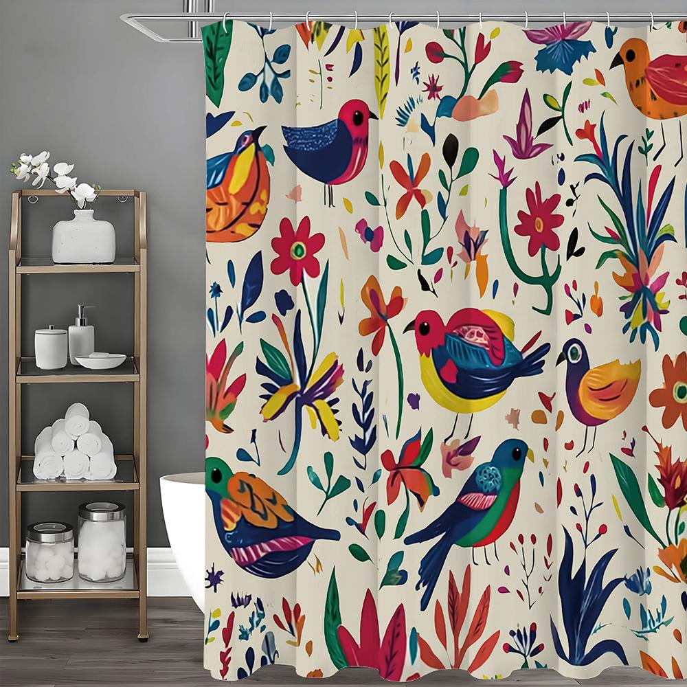 

Мультяшная красочная шторка для душа с цветами и птицами, декоративная шторка для ванной, водонепроницаемая шторка для душа с крючками 90*180cm