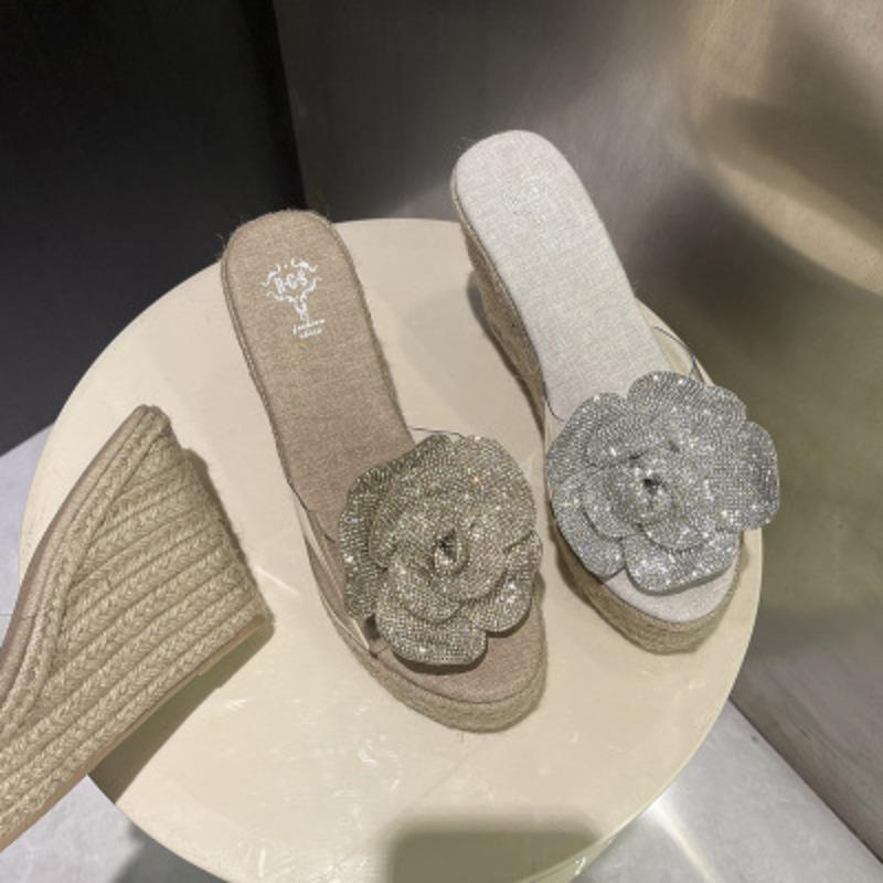 Cool slippers summer new one-word with transparent open-toed waterproof table slope heel outside wear muffin thick-soled slippers