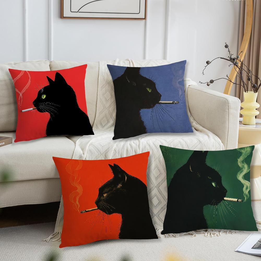 A Vintage Black Cat Smoking Cushion Cover For Pillow Printing Sofa Decoration Home Car Room Coffee Shop Office Nordic Simplicity